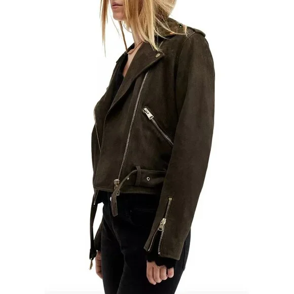 ALL SAINTS $569 Suede Balfern Biker Jacket Size 6 in Tarmac Green